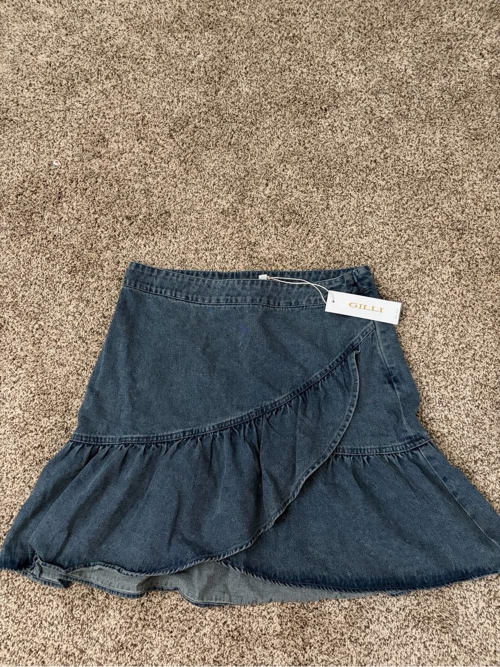Gilli Blue Denim Ruffle Skater Mini Skirt